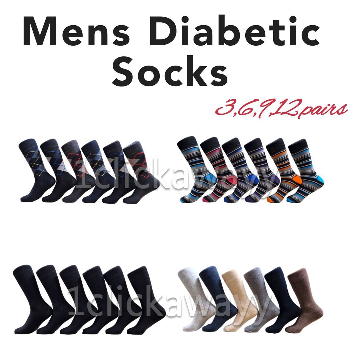 Calze Uomo Diabetico Cotone Non Elastico - Taglia 6-11 UK (39-45 EU) - Confezione Multipla (3,6,9,12 Paia) - Coloursforyou