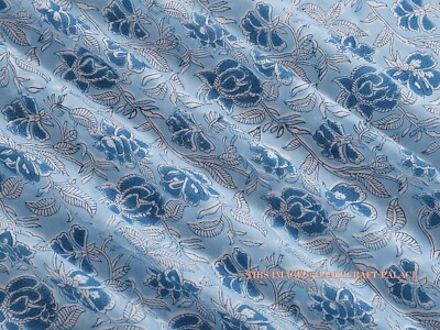 5 Yard Hand Block Blue Floral Printed Cotton Fabric Running Dressmaking Craft