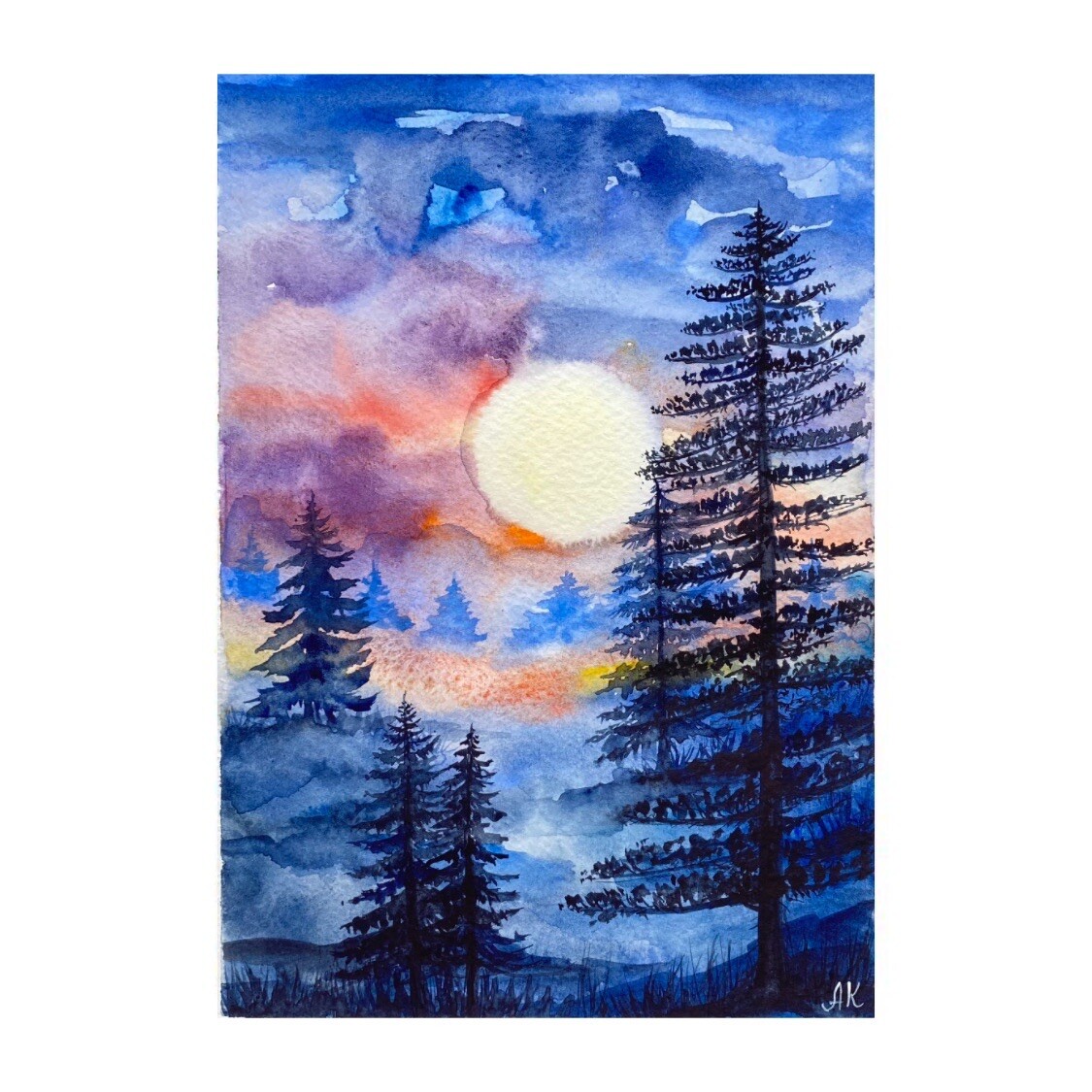 ORIGINAL WATERCOLOR Art Full moon landscape Painting Night