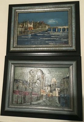2 Oil Paintings on Canvas Views of Paris Montmartre la Seine Signed Framed 
