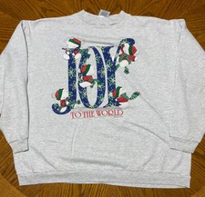 Vintage Christmas Made In USA Joy To The World Gray Crewneck Sweatshirt XL