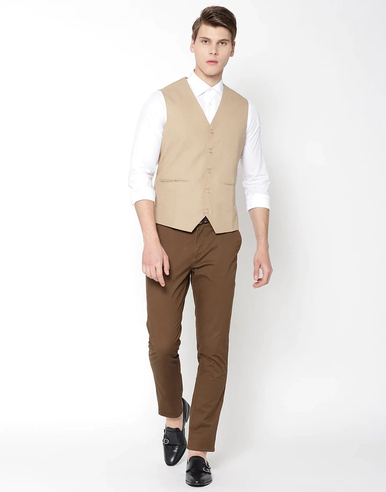 Mens Beige V Neck Single Breasted Formal Wedding Smart Casual Waistcoat Vest - Image 4 of 4