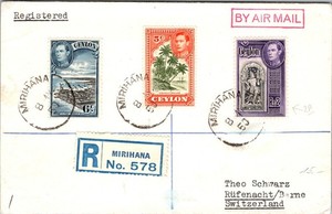 1950 Registered Birihana Ceylon Airmail Cover To Rufenacht Switzerland