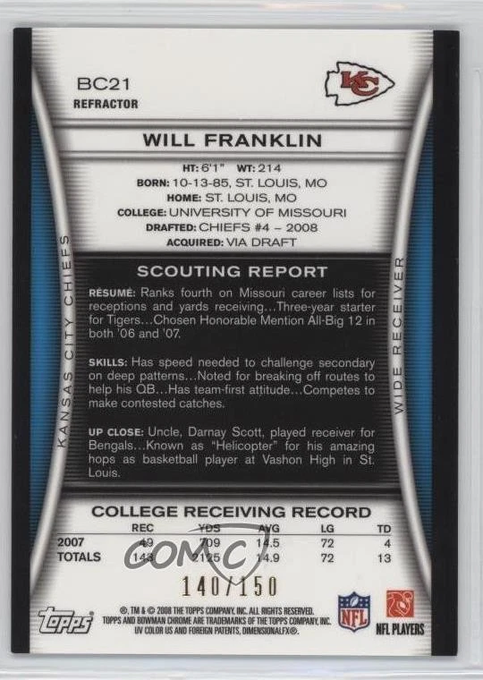 2008 Bowman Chrome Blue Refractor /150 Will Franklin #BC21 Rookie RC - Image 2 of 2