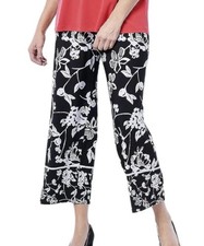 Susan Graver Pants M 8 / 10 Liquid Knit Pull On Wide Leg Black Ankle Crop Floral
