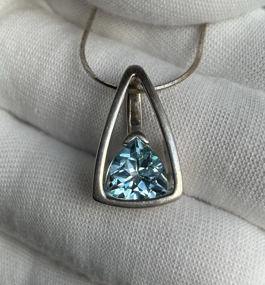 Pingente deslizante de prata esterlina 925 corte trilhão topázio azul celeste 20” colar VTG - Imagem 3 de 4