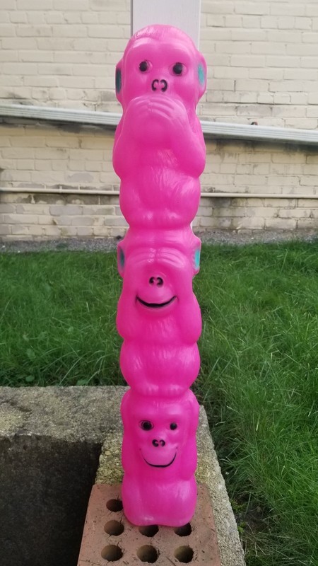 Scarce Vintage 60s AJ Renzi Coin Bank Hot Pink 3 Wise Monkeys Plastic Blow Mold 