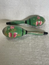 Pair of Maracas-Green-Carved-Rattle Shaker Music- 7  Long