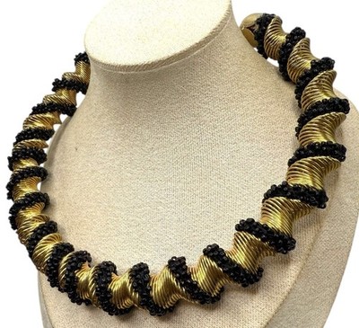 Statement Gold Tone Cellini Spiral Twist Metal & Beads Necklace Collar Chunky