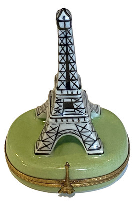 LIMOGES PEINT MAIN Hinged Trinket Box-EIFFEL TOWER w/FRANCE Flag-Artist Signed