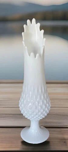 Vintage Fenton White Milk Glass Hobnail Footed Swung Vase 13” MCM 12 Fingers EUC