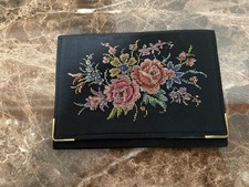 Vintage Black Petit Point Floral Clutch Purse with Original Comb Mirror