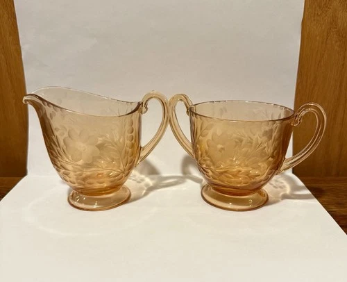 MacBeth-Evans Amber Depression Glass Dogwood creamer and open sugar bowl set