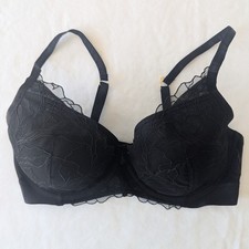 Soma Linework Embroidered Plunge Bra Black Floral Lace 36D Coquette Semi Sheer