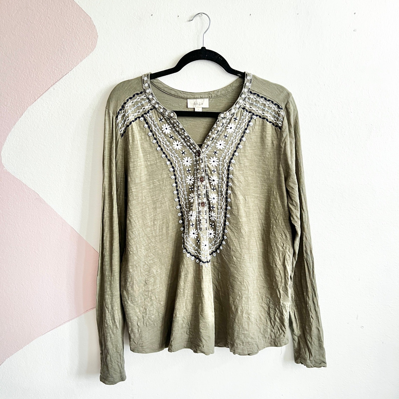 Style & Co Womens Large Peasant Green Embroidery Blouse Top Casual Boho Bohemian