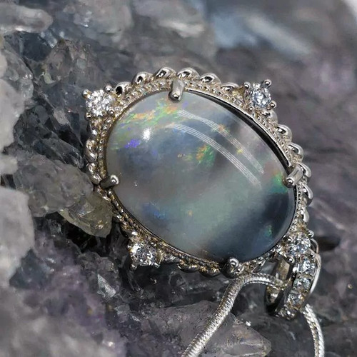 Zaryah Lightning Ridge Dark Picture Stone Opal 5.00ct S925 Silver Necklace - Foto 4 di 10