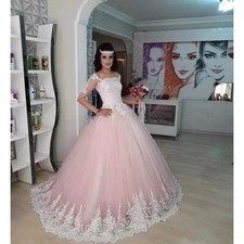 Pink Wedding Dresses Lace Applique Half Sleeves A-line Bridal Gowns Court Train