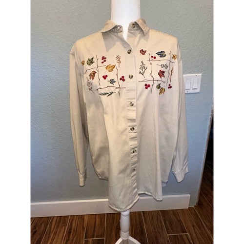 Camisa de franela hojas bordadas Casey & Max de colección con botones talla Lrg abuela  - Imagen 12 de 15