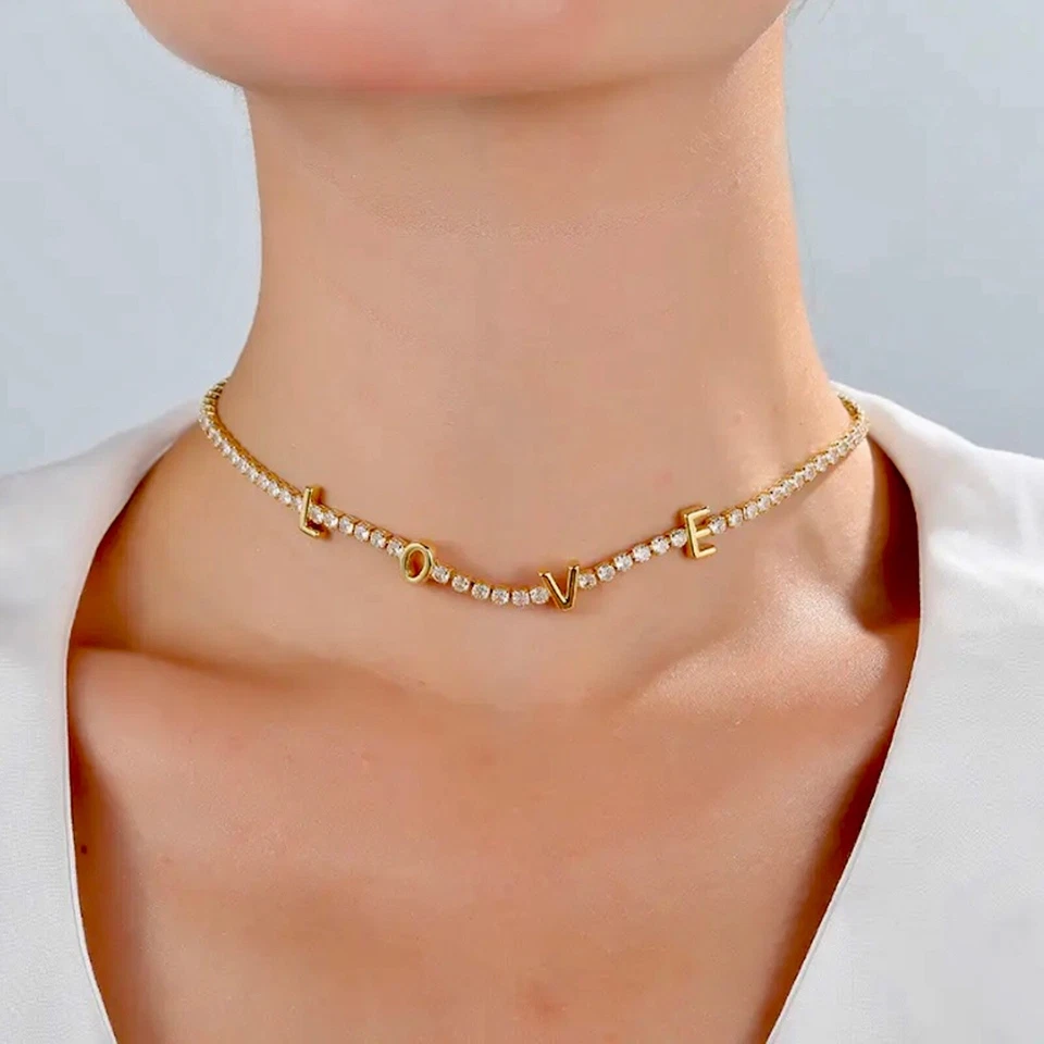 Теннисное ожерелье позолоченное 18 карат с подвеской из хрусталя Swarovski LOVE - Изображение 2 из 4