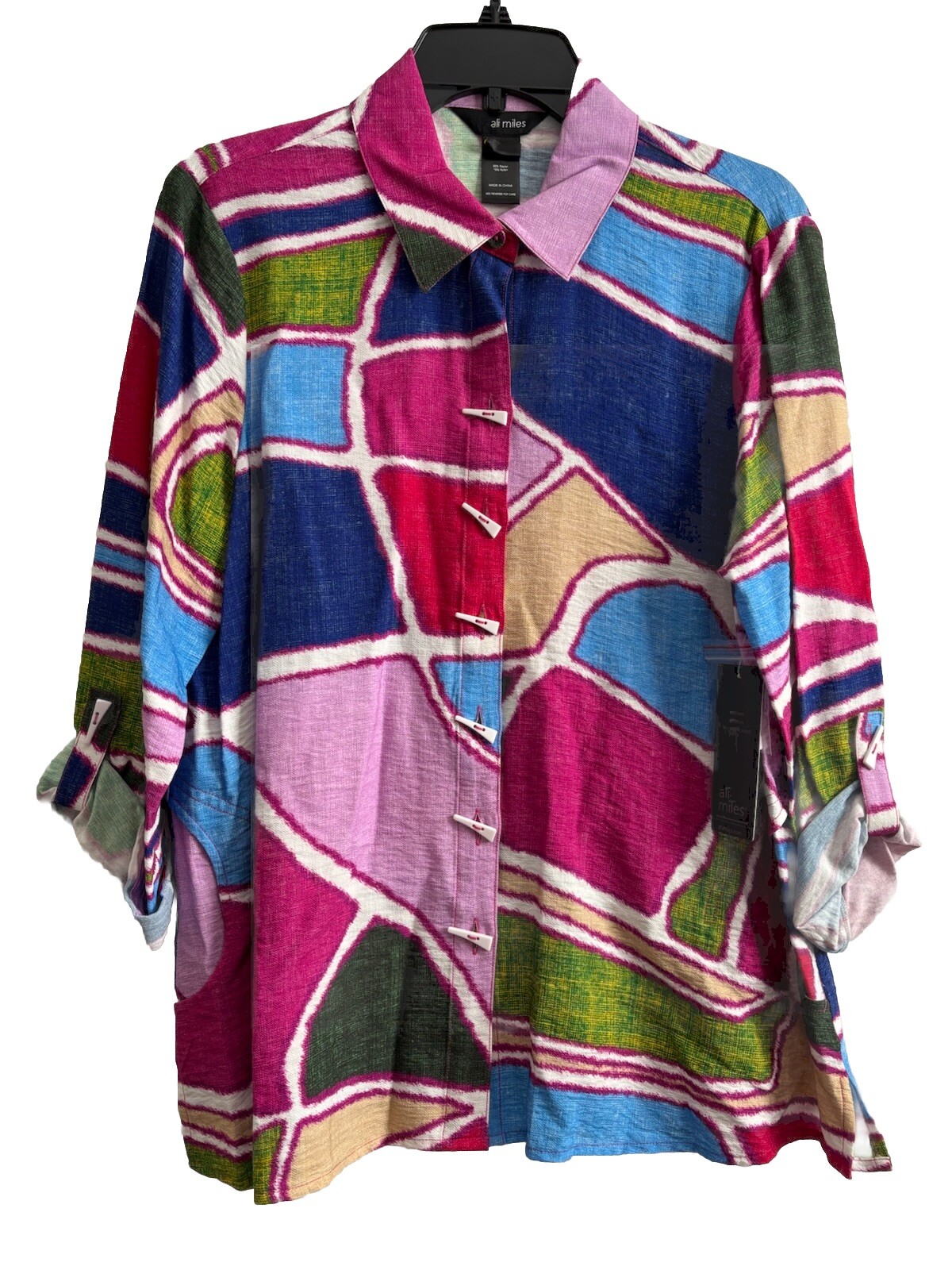 Ali Miles Collared Button Front Tunic Geometric Print Size Petite PXL NWT