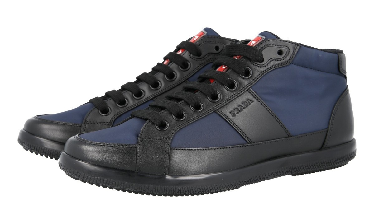 PRADA 2EG355 Blue Black Leather Re-Nylon Sneakers Shoes  - NEW - US 9.5 UK 8.5 Black Leather and Re-Nylon high-top sneakers | PRADA  main image 4