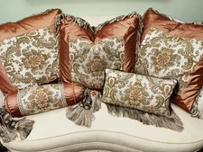 5 Pillow Set Gold /Peach  Luxury Custom Brocade Embroidered  Exquisite Silk A+++