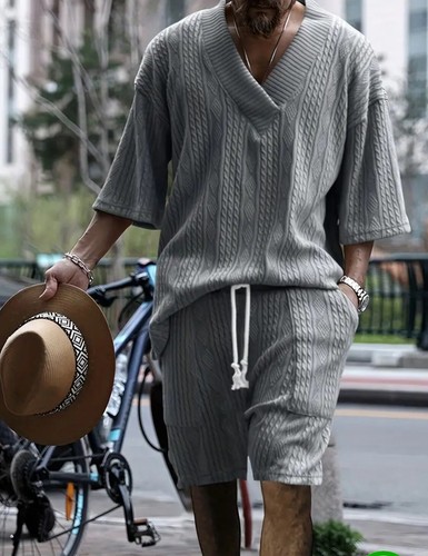 Men's Summer Outfit 2-Piece Set Short Sleeve Shirt & Shorts Set 3XL. Gray New
