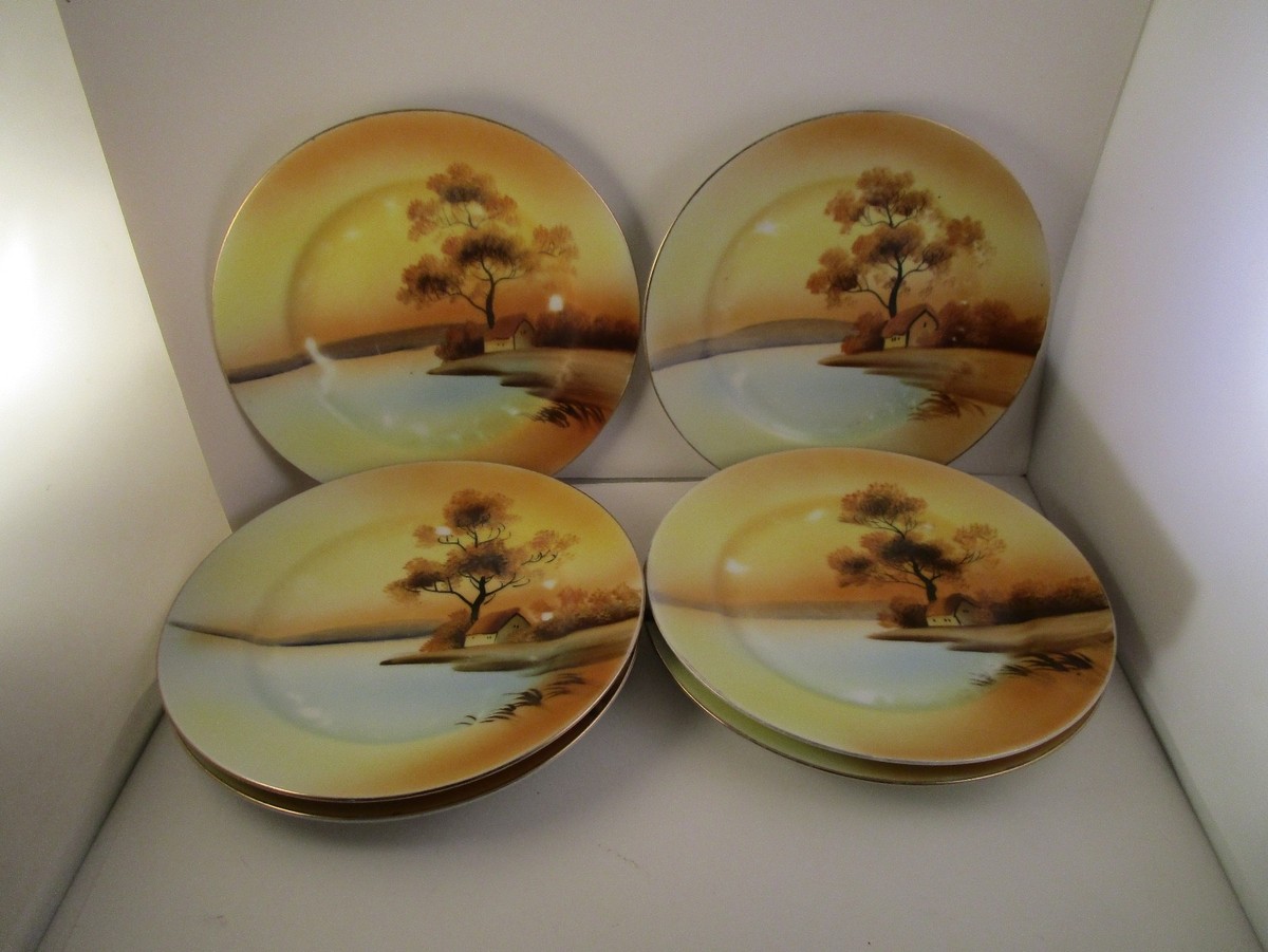Vintage Noritake Handpainted Japan Lake Scene Set of 6 Dessert