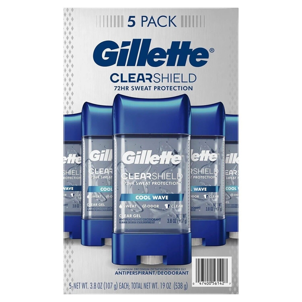 5 Pack Gillette Clear Shield Cool Wave Gel 72Hr Antiperspirant