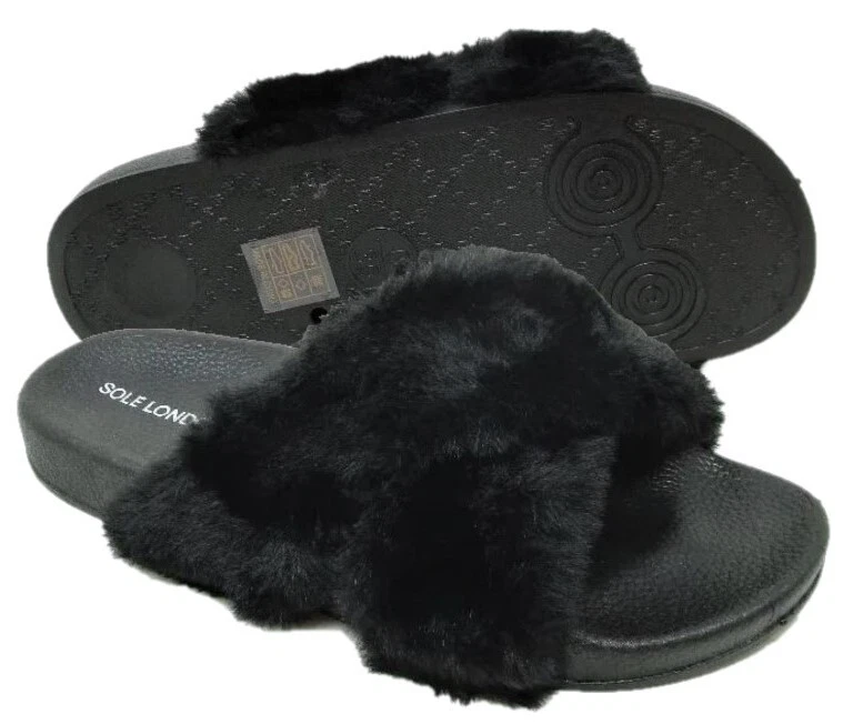 Womens Black Fluffy Cross Over Slippers Sliders Open Toe Faux Fur