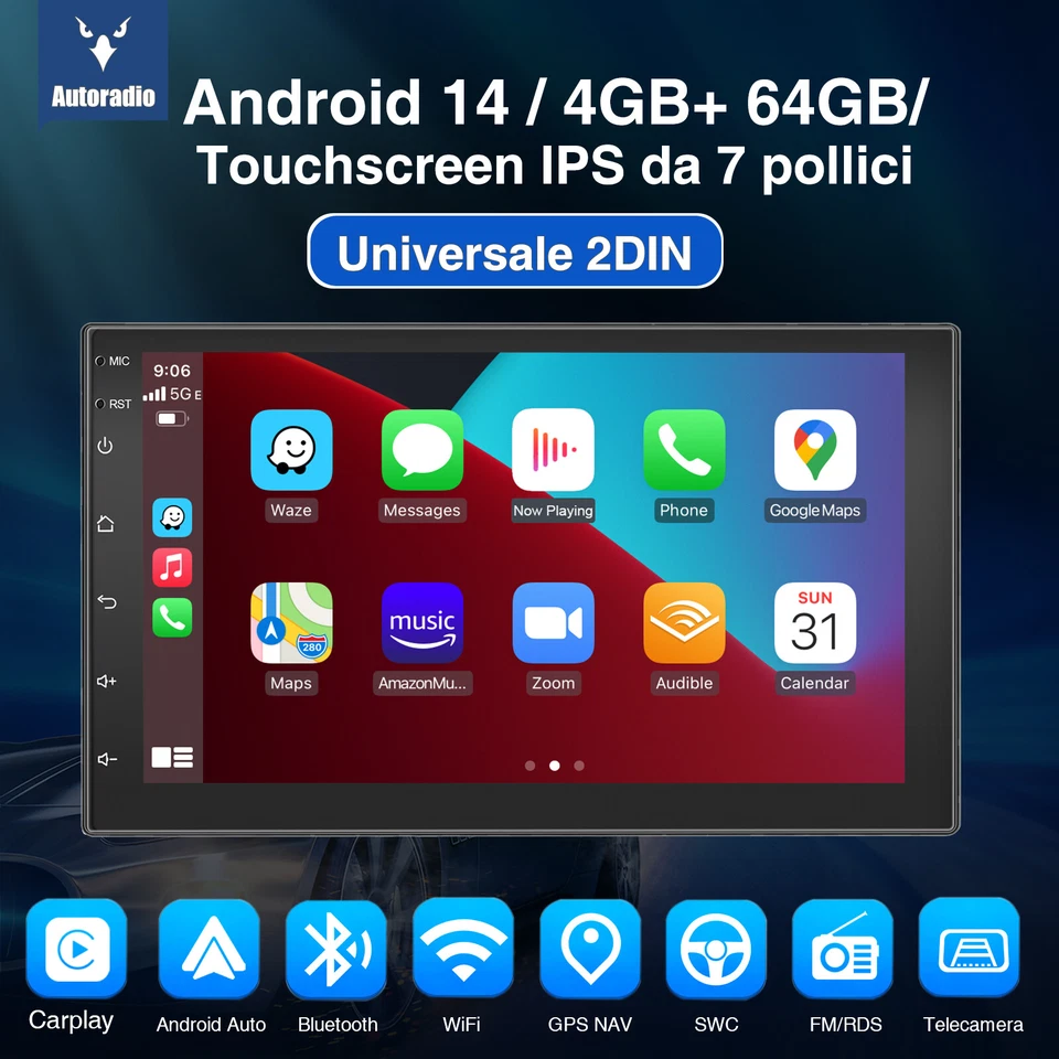 Autoradio 2 DIN 7 Pollici Carplay Android 14 4+64G GPS RDS WiFi Bluetooth Camera - Immagine 2 di 4