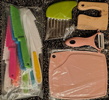 12 pc Kids Kitchen Set - 8 Plastic Knives, 1 Wood, Wave, Peeler, Cutting Board