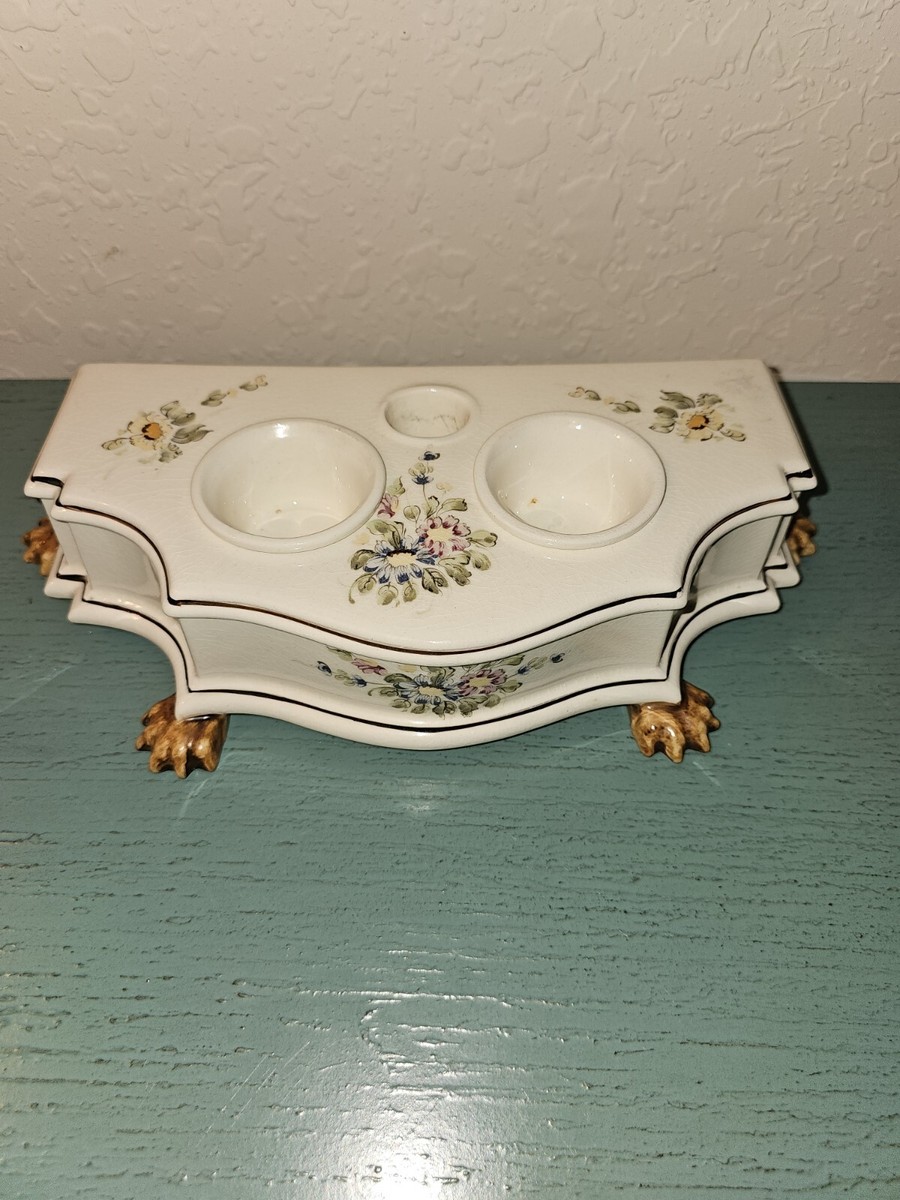 Vintage Hand Painted Porcelin Ink Well And Fountain Pen Holder