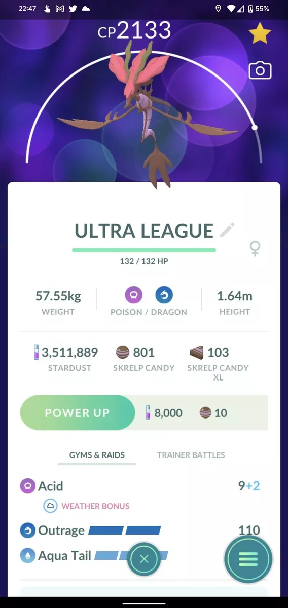 Pokemon Dragalge lev 35 + 3 MOVES GO ULTRA LEAGUE 2500CP (Skrelp evolution)