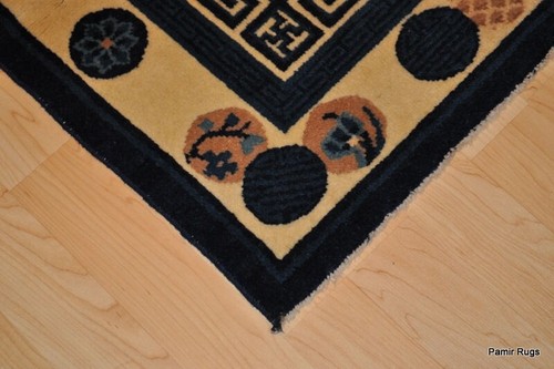 ANTICO TAPPETO CINESE 2' 7" X 4'3" tappeto orientale cinese, fatto a mano, blu e beige - Foto 9 di 12