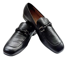 Ferragamo Gancini Black Pebbled Leather PAGO Men's Dress Slip-on Strap Loafers