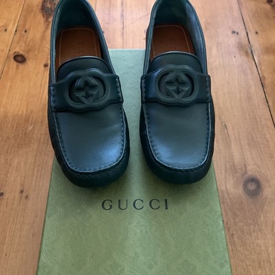 Gucci GG Interlocking Cut Out Loafer Green Driver Moccasins Shoes US Size 10