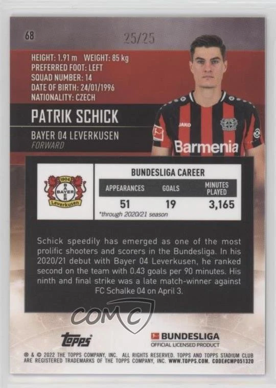 2021 Topps Stadium Club Chrome Bundesliga Orange Refractor /25 Patrik Schick #68 - Image 2 of 2