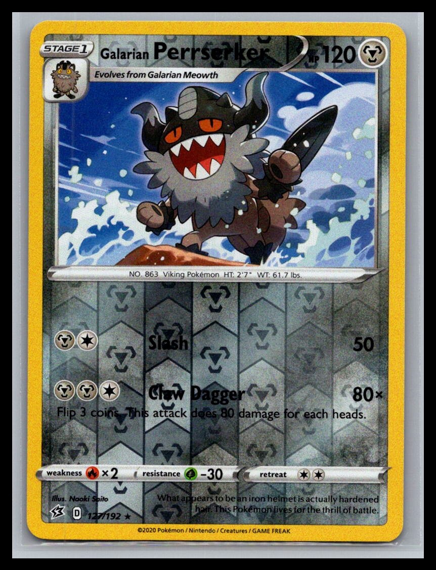 Galarian Perrserker 127/192 Rare Rebel Clash Pokemon Reverse Holo Near Mint