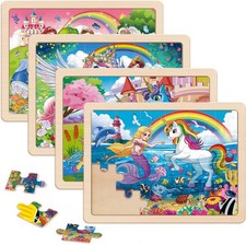 Wooden Puzzles for Kids Ages 4-6, 4 Packs 24 PCs Unicorn Mermaid 96 pieces