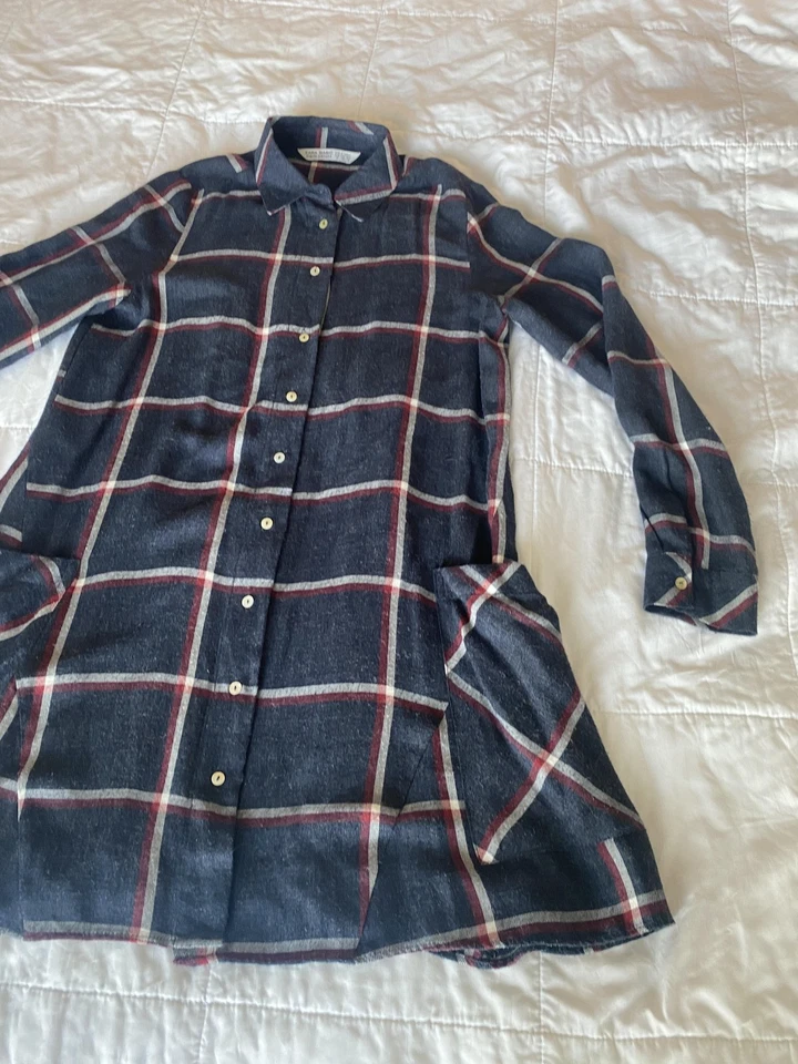 Zara Basic Shirt Dress Womens XS Plaid Long Sleeve Button Up Pockets flannel - Image 3 of 4