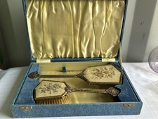 Vintage Petit Point Embroidery 2 Piece Vanity Set Mirror & Brush Boxed VGC