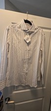 Brunello Cucinelli White Brown Stripe Cotton Sport Shirt button down 990 Sz M