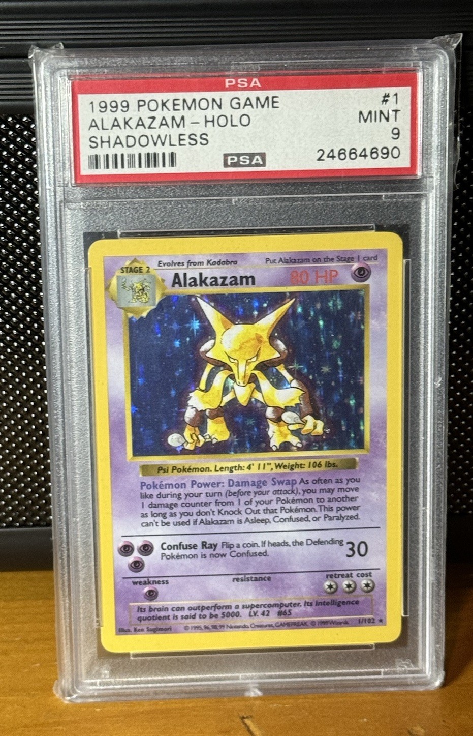 1999 POKEMON GAME SHADOWLESS #1 ALAKAZAM-HOLO PSA 9