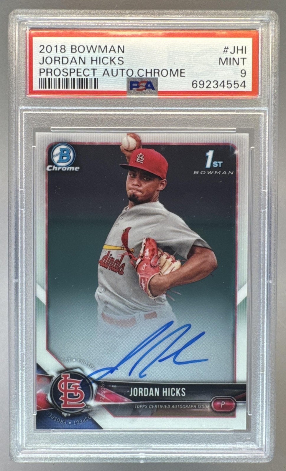 69234554 Jordan Hicks 2018 Bowman Chrome #CPA-JHI 1st RC Auto PSA 9 view 1