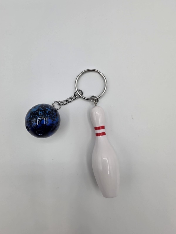 Bowling Pin & Ball Keychain Key Ring Plastic/Metal White Blue Red Sport