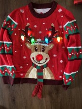 Adult LED Light Up Christmas Ugly Sweater with Light Bulbs, Red Reindeer