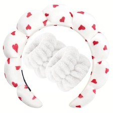 Spa Headband for Washing Face Wristband Set Sponge Makeup YC Red Heart