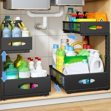 Under Sink Organizer, 2 Pack 2 Tier Pull Out Under Cabinet Organizer Shelf wi...
