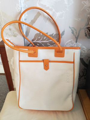 BREE Ivory Canvas Tote Shoulder Bag Orange Trim Zip 11.5x3.5x13 Double Handles